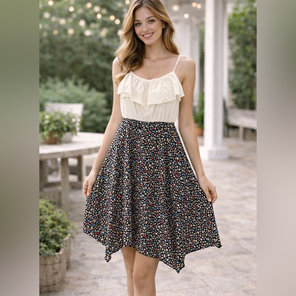 A. Byer White Ruffle Dress With Colorful Handkerchief Bottom